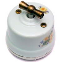 Нажмите для увеличения Выключатель одноклавишный (проходной) 2-х позиционный фарфоровый Salvador OP11RM, белый с узором Ромашка